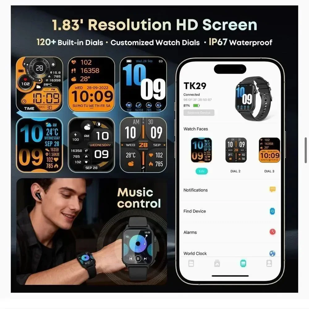 Black Smartwatch with Large HD Display and Bluetooth Calling